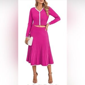 Pink Queen Long Sleeve Crop Top Pleated Skirts Ribbed Knit Matching Set Fall